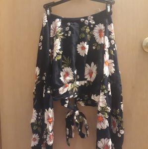 Navy Blue Floral Long Sleeved Crop Top